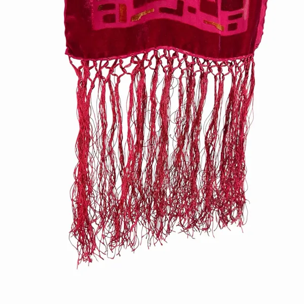 Whimsigoth Red Velvet‎ Burnout Scarf Fringe Gothic Art Deco Long Wrap 9.5Wx76H - Image 6