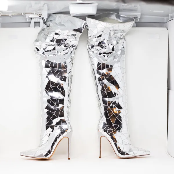 NEW Azalea Wang Shattered Disco Over The Knee High Heels Boots Shoes Silver 6 - Image 3