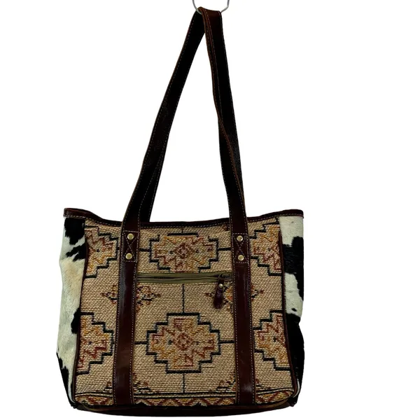 Myra Bag Beautiful Cow Hide Pocket Southwest Aztec Design Tote Bag Boho Western - Image 4