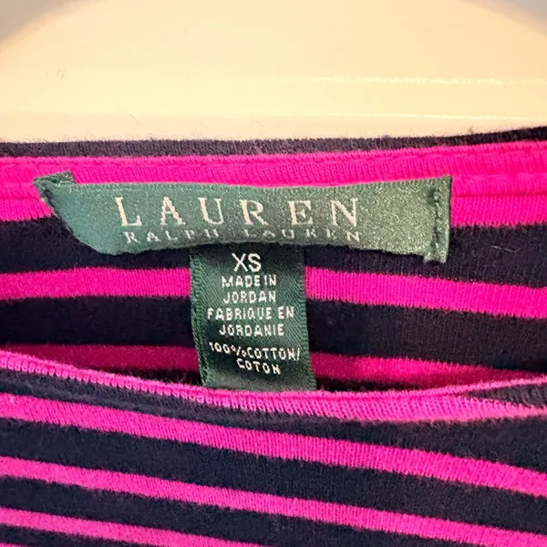 Lauren Ralph Lauren Pink Navy Striped Cotton Boat Neck Top Gold Buttons XS - Image 4