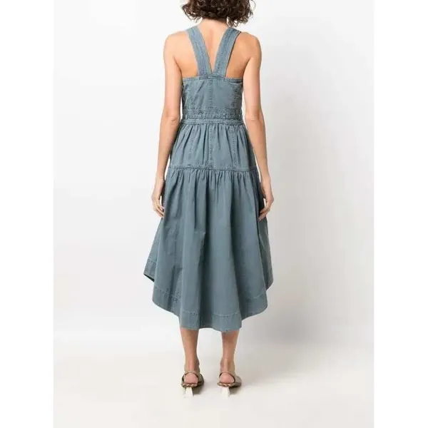 Ulla‎ Johnson Enzo Denim Dress Blue Cotton Tiered Midi Sweetheart Neck Size 4 - Image 12