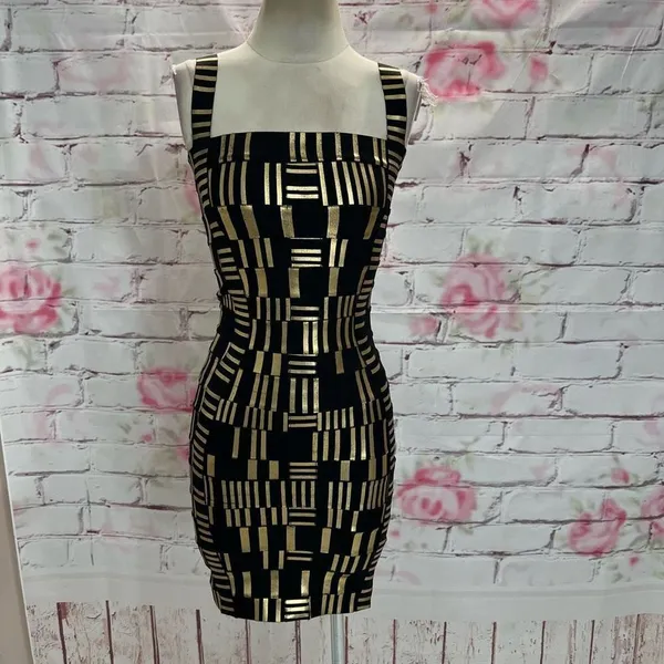 Akira Chicago Women's Sleeveless Gold & Black Weave Bandage Bodycon Mini Dress 5 - Image 3