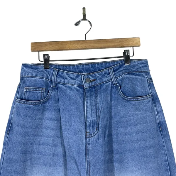 Womens High Rise Pleated Wide Leg Jeans Faded Blue Denim Trousers Size M - Image 2
