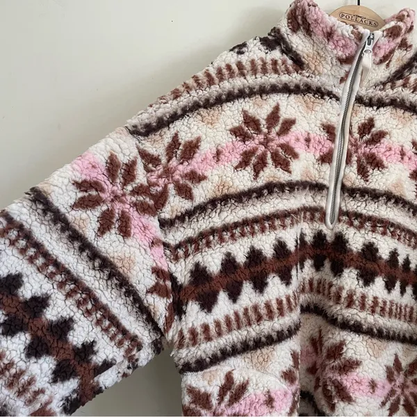 Aerie Sherpa Half Zip Pullover Snowflake Print Teddy Fleece Size M Pink Brown - Image 5
