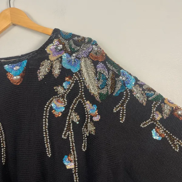 VTG Bonnie Boerer Floral Sequin Sweater Size 1X Black knit Y2K 90s beaded - Image 2