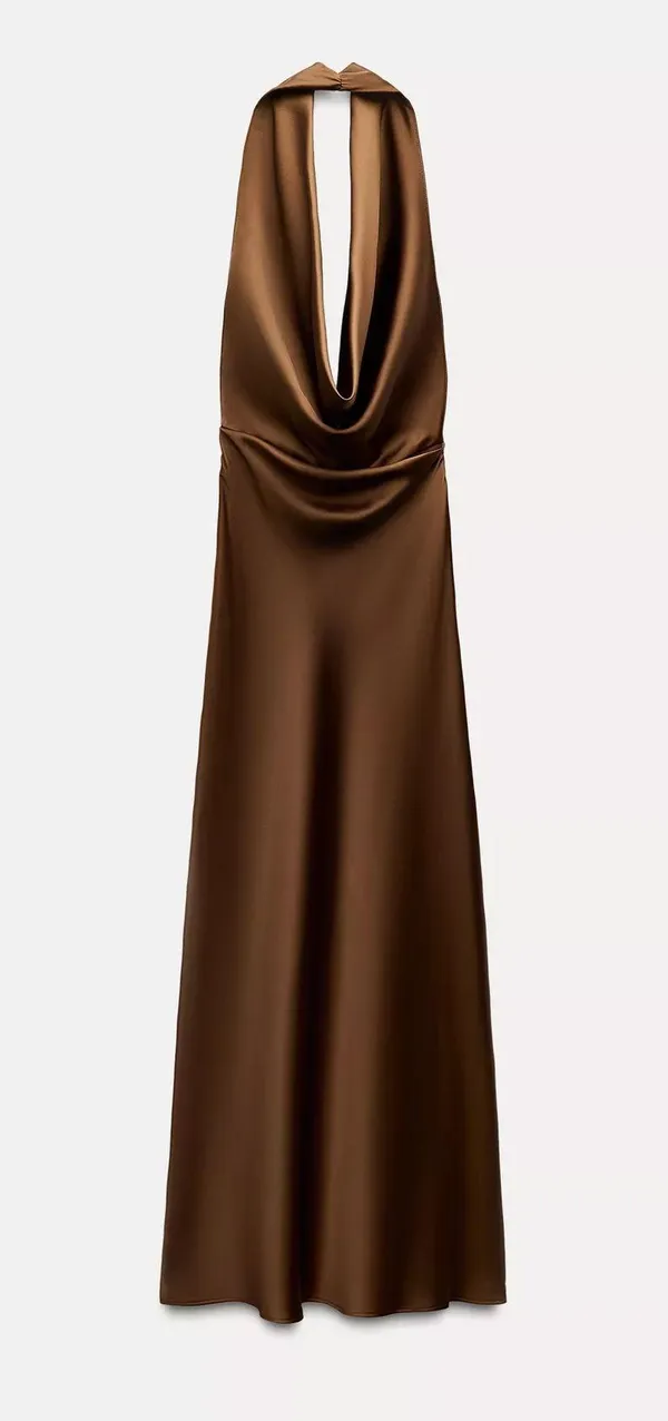 Zara dress gown maxi halter satin plunge neck Brown holiday wedding evening - Image 7
