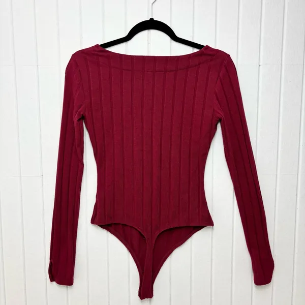 Free People Intimately Wine Red Long‎ Sleeve Beside Me Ribbed Thong Bodysuit S - Image 3