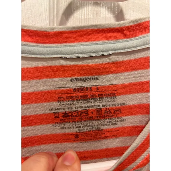 Patagonia Womens Merino 2 Henley Striped Top Orange Gray Large Long Sleeve - Image 2