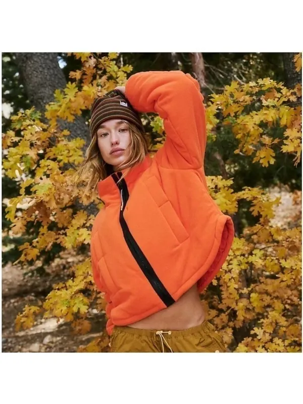 FP MOVEMENT Free People Neon Orange Puffer Fleece Jacket Cropped Insulated Sz L - Image 3