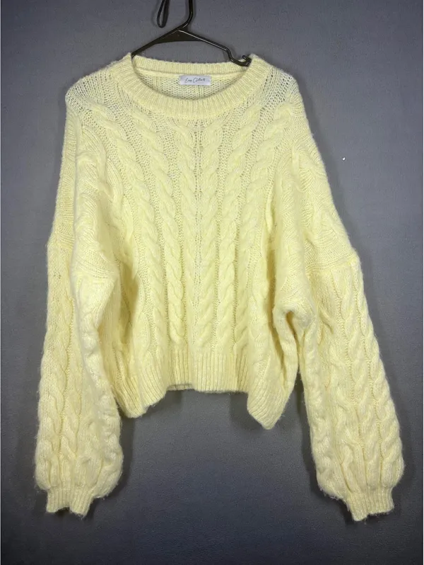 Chunky Knit Sweater XL Pastel Yellow Slouchy Cropped Cozy Cottagecore Pullover - Image 3