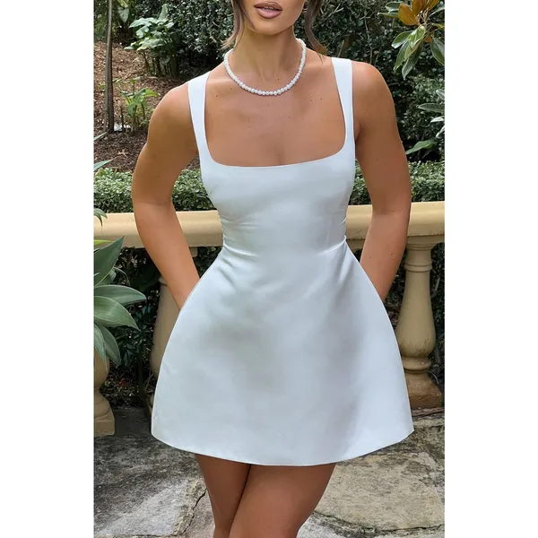 NWT Babyboo Sofie Ivory Satin Square Neck Fit & Flare Mini Dress Womens Size XS - Image 6