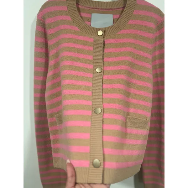 NVLT Anthropologie Striped Cardigan Sweater Lady Jacket Pink Tan Large Preppy - Image 5