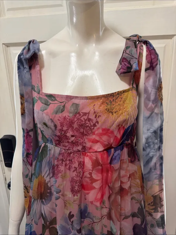 AUDREY PARKS+francesca's Floral Tiered Maxi Dress Tie Straps - Pink Multi S M - Image 3