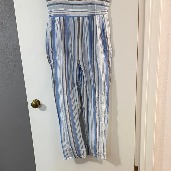Polagram Blue and White Striped Short-Sleeve Jumpsuit - Image 4