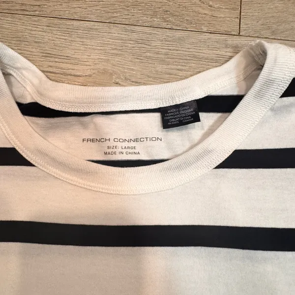 FRENCH CONNECTION Striped T Shirt Top White Black Cotton‎ Classic Boxy Fit Large - Image 3