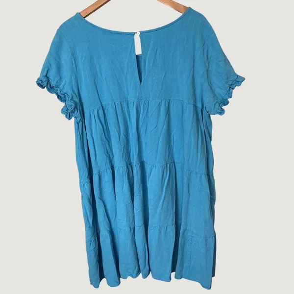Umgee Plus Blue Linen Blend Tiered Babydoll Mini Dress Ruffle Sleeve 1XL WC2355 - Image 3