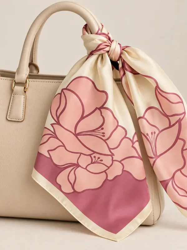 Pink Floral Square Scarf – Cream & Dusty Rose Silky Feel - Image 4