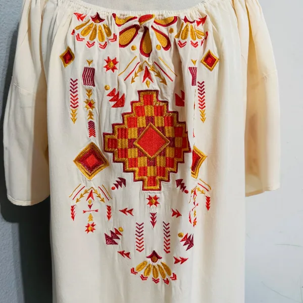 Lucky‎ & Blessed Cream Embroidered Off Shoulder Boho Western Dress Medium DR007 - Image 4