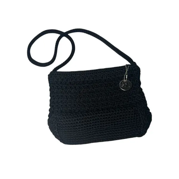 SAK Black‎ Crochet Knit Shoulder Bag with Silver Charm Casual Everyday Handbag - Image 2