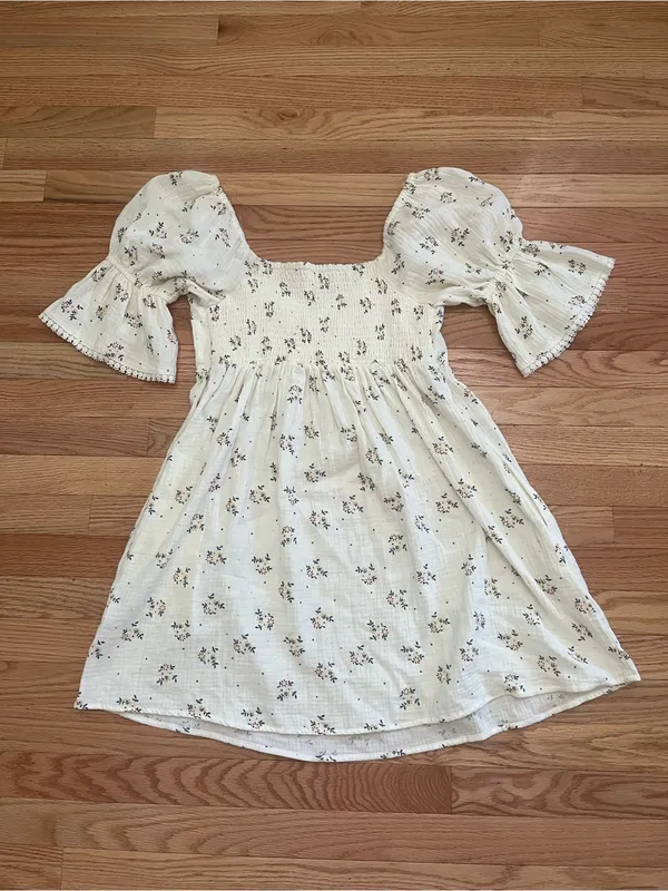100% Cotton White Floral Gauze Babydoll Mini Dress Small Puff Sleeve Cottagecore - Image 7