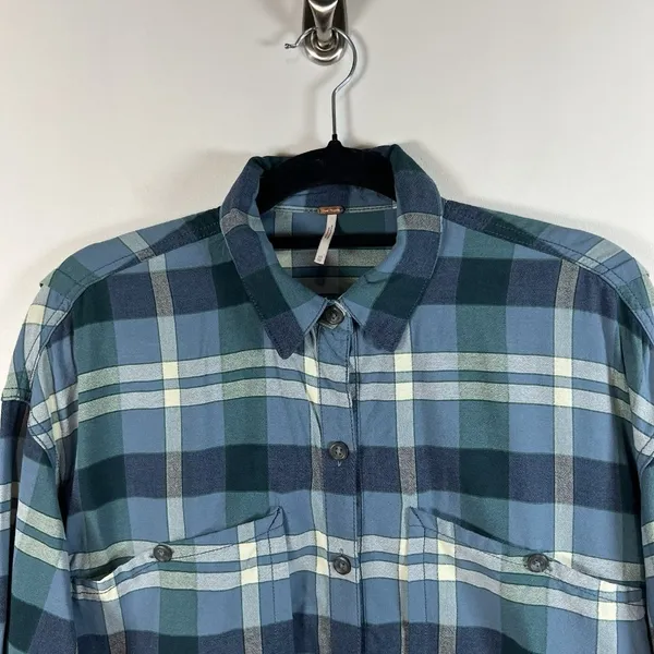 Free People Loveland Plaid‎ Button Down Shirt Blue Rayon Cotton Tunic Sz XS Boho - Image 2