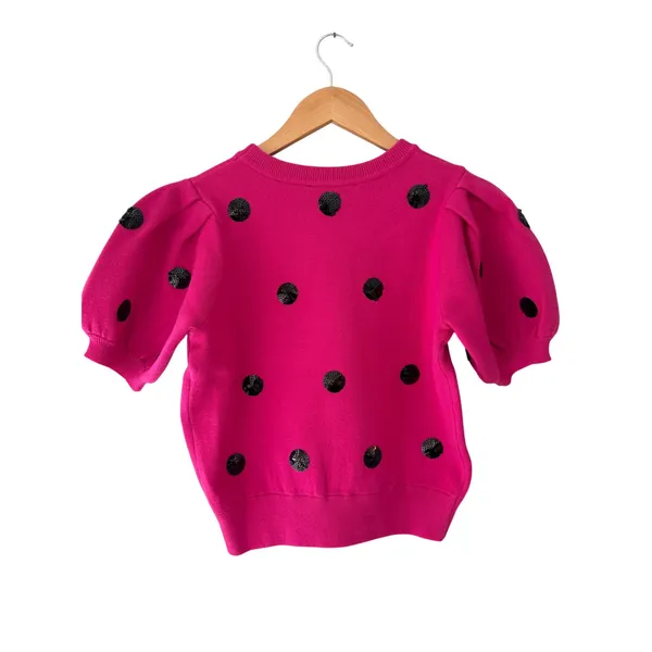 English Factory Hot Pink Sequin Polka Dot Puff Sleeve Sweater S - Image 3