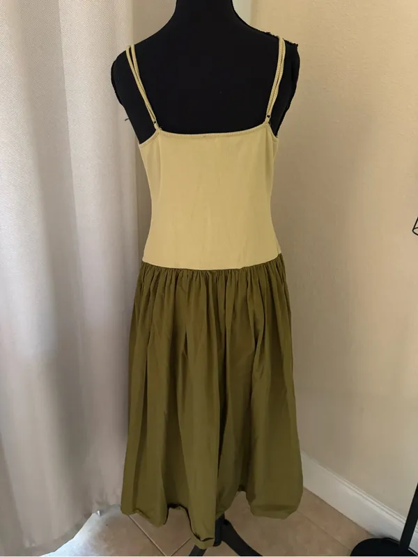 Maeve Anthropologie Ribbed Drop Waist Midi Dress Olive Green Cream Large - Image 5