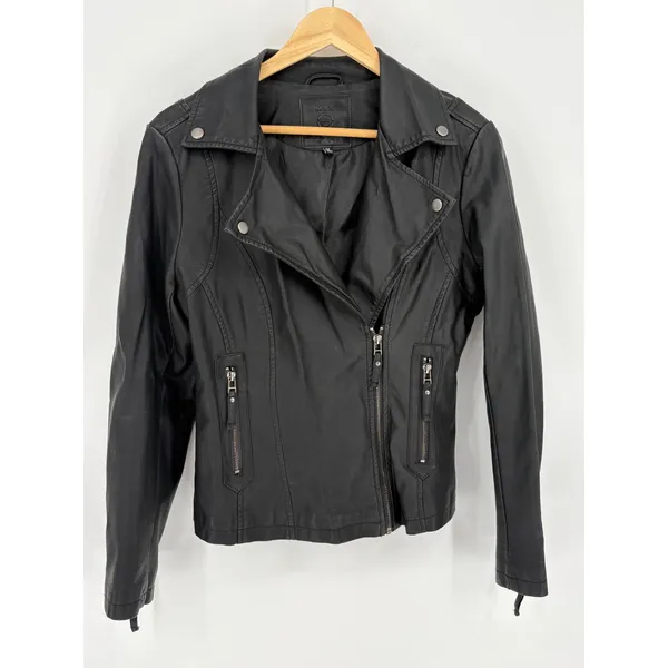Max Studio Moto Jacket Women M Black Faux Leather Biker Asymmetric Zip Edgy - Image 3