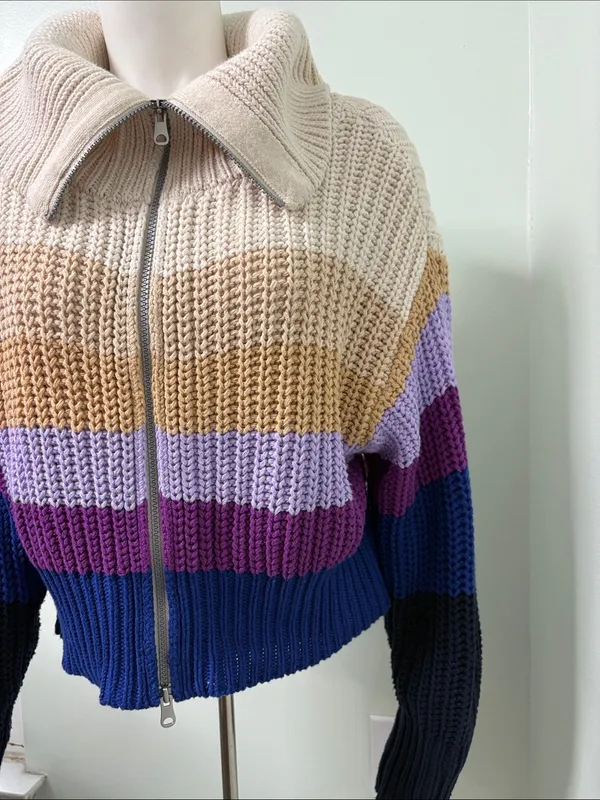 Aerie Double Zip Cardigan Sweater Color Block Purple Tan Blue Cream Size Medium - Image 8