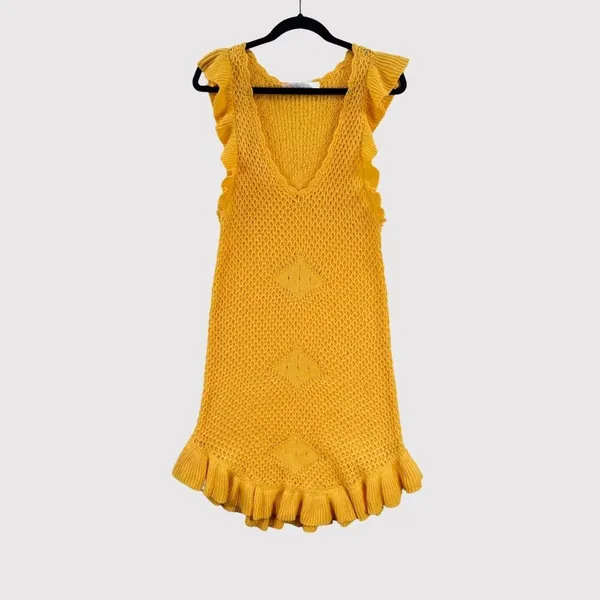 Free People FP Beach Mini Dress Gold Mykonos Fauxchet Sweater Cover Up Medium - Image 2