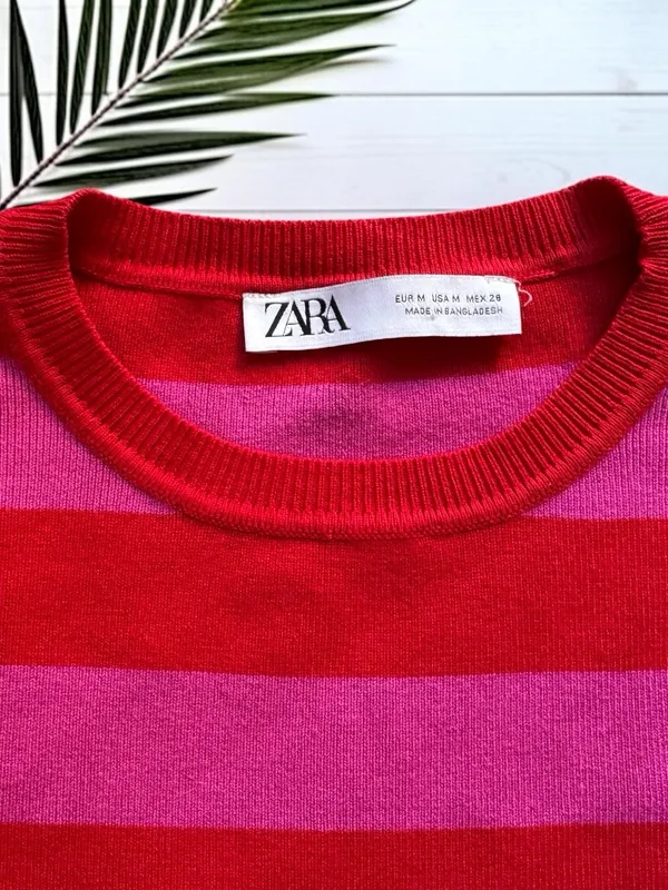Zara Knit Cropped Sweater Pink Red Stripe Long Sleeve Top Medium - Image 7