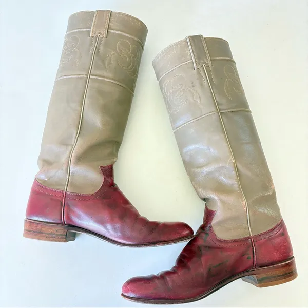 Justin Boots Tan Red Leather Western Cowgirl Knee High Pull On Womens Size 5.5 B - Image 7