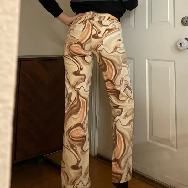 Zara Funky Marbled Flare Jeans Size 26‎ Cream Brown - Image 5