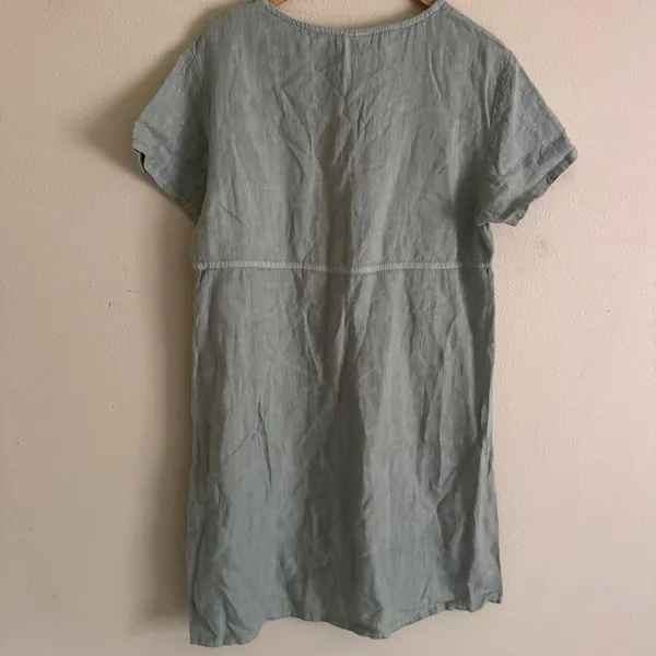 Marc + Ware Linen Dress M Sage Light Blue Floral Embroidered Lagenlook Cottageco - Image 4