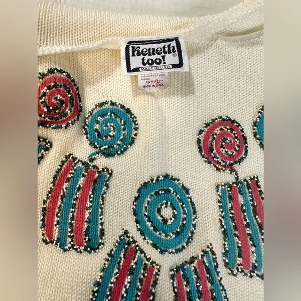 Vintage Kenneth Too‎ Ivory Aztec Pullover Sweater Turquoise Embellished Sz S/M - Image 9