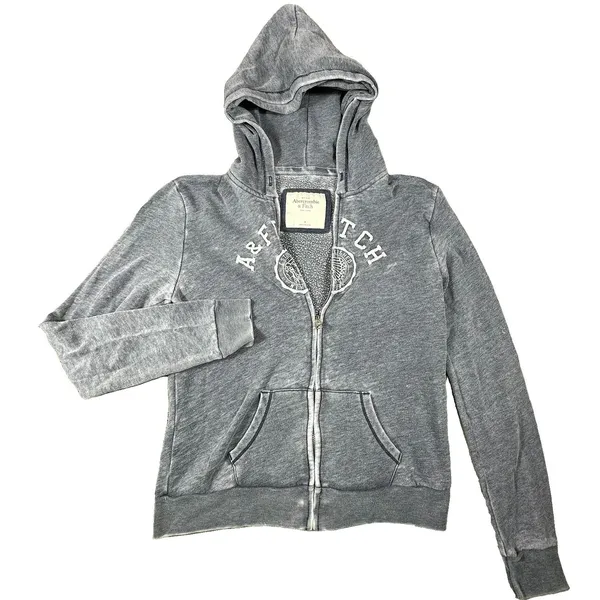 Vintage Abercrombie & Fitch Y2K Full Zip Hoodie Women M Gray Distressed Patch - Image 4