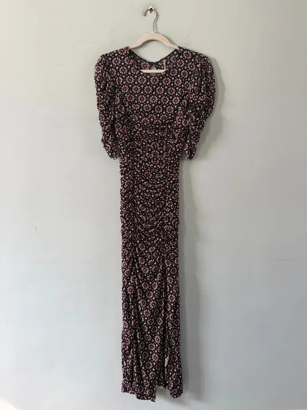NWT Free People Briella Ruched Black‎ Purple Floral Combo Mesh Boho Midi Dress - Image 3