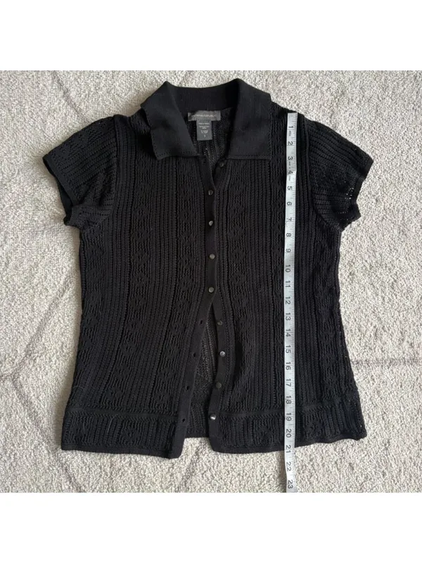 Banana Republic Y2K Black Pointelle Knit Polo Button Front Top - Image 3
