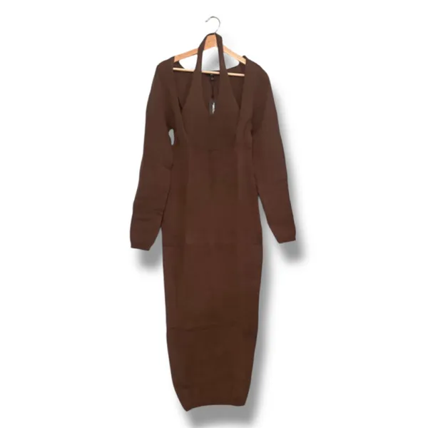 PrettyLittleThing Brown Long Sleeved Knit Dress/a Halter Style Keyhole Neck Xl - Image 7