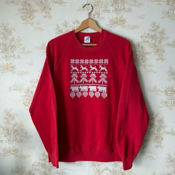 Vintage 80s 90s red reindeer bear Christmas cross stitch granny crewneck sweater - Image 2