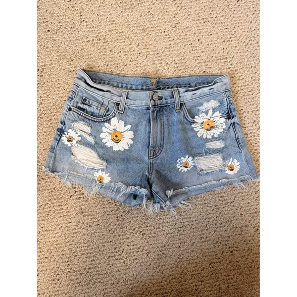 7 For‎ All Mankind Destroy & Daisies Frayed Cutoff Denim Shorts Sz 28 Boho Y2K - Image 2
