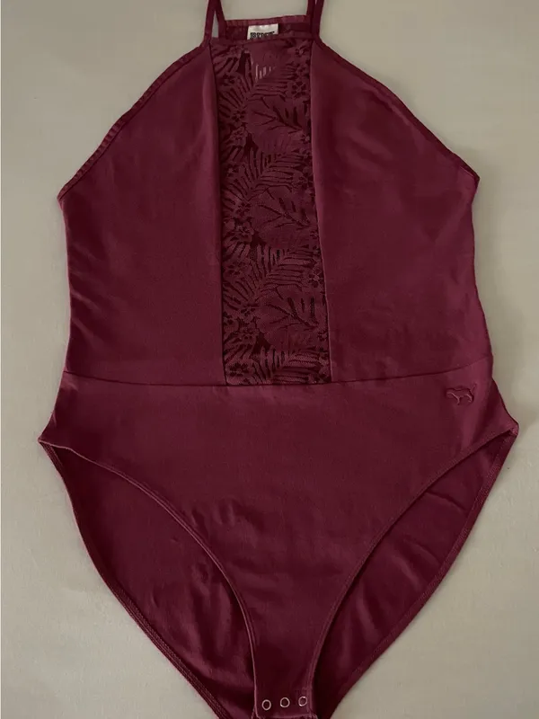 NWT Victoria's Secret PINK Deep Berry Halter Lace Bodysuit L - Image 2