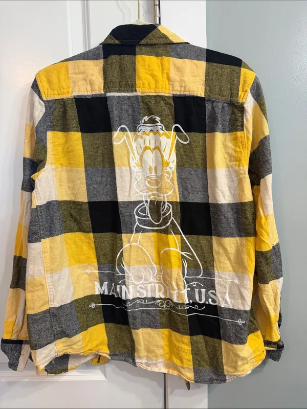Disney Parks Yellow Black & Gray Plaid Pluto Flannel Shirt medium EUC holiday - Image 2