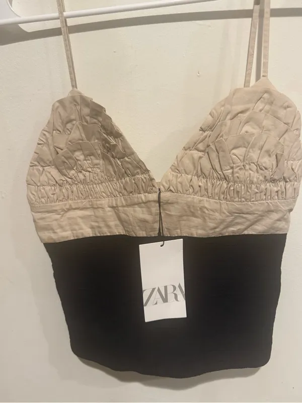 ZARA Two-Tone Ruched Bust Cami Dress - Beige & Black - Image 2