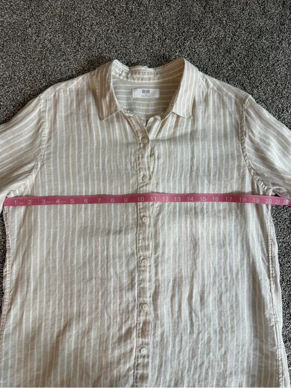 Uniqlo Women’s M Beige White Striped Linen Blend Button Down Shirt - Image 4