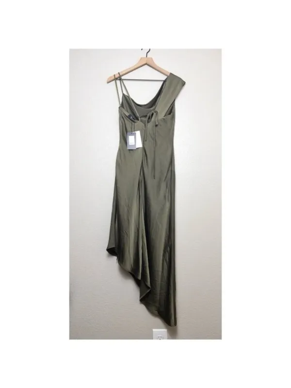 NWT ABS Allen Schwartz Everly Satin Drape Dress 2 Olive Green Slit One Shoulder - Image 9