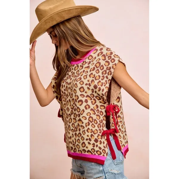BiBi Leopard Pattern Side Tied Sweater Vest Top - Image 8