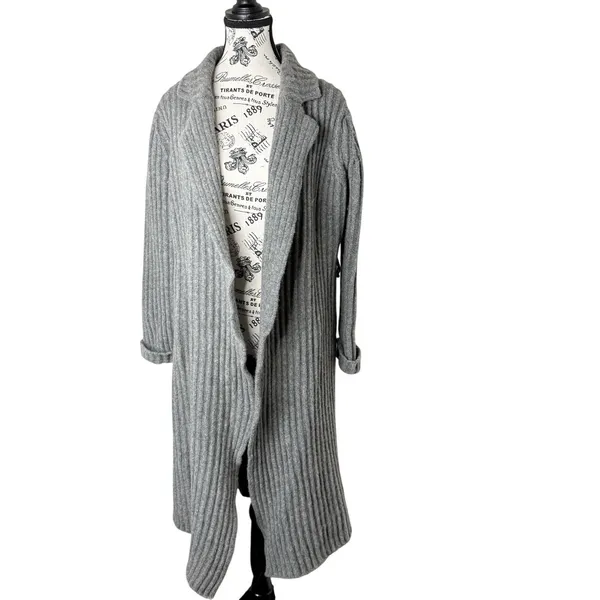 Women's Long Cardigan Sweater Gray Sz M Lambswool Ribbed Belted Open Front Cozy - Image 3