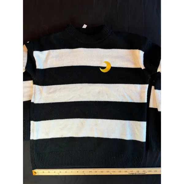 Black and White Striped Crewneck Sweater with Yellow Crescent Moon Embroidery - Image 5