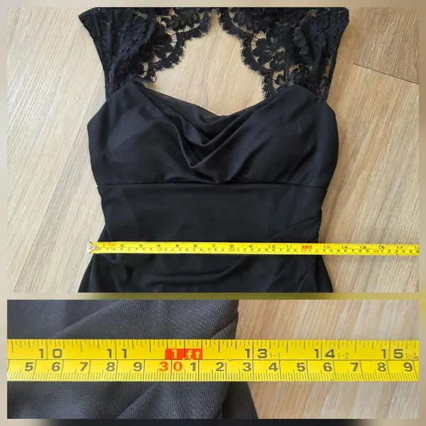 Black Lace Cap Sleeve Dress Sz 8 Cowl Neck Ruched Flattering Cocktail HOCO Gala - Image 12